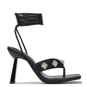 •CAPE ROBBIN• “Rona” Black Woven Square Open Toe High Heel Sandals // NIB